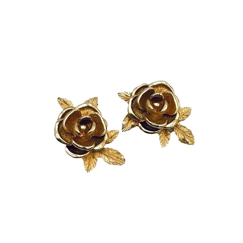 Vintage Sarah Coventry Rose Clip On Earrings 1960's American Beauty Gold Tone
